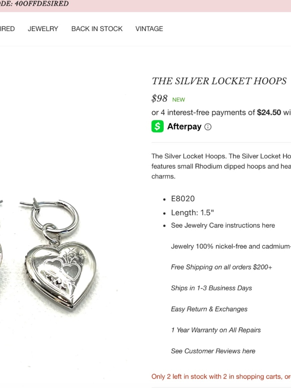 new vanessa mooney ADORED LOCKET EARRINGS silver heart locket earrings - Picture 3 of 3